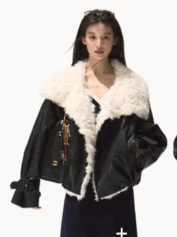 Shearling-Style Short Leather Jacket