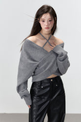 Grey & White Off-shoulder Knitted Wool Sweater - CHINASQUAD