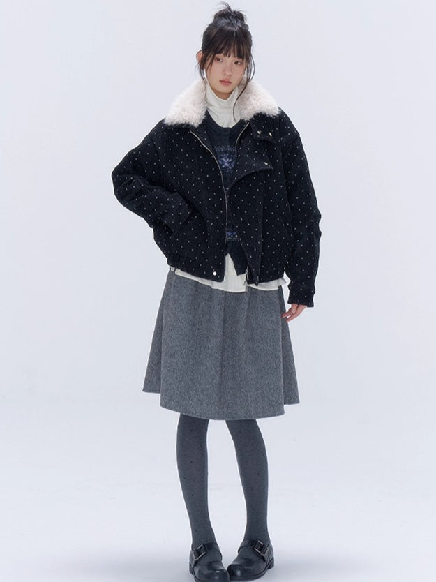 Fur Collar Polka Dot Quilted Jacket
