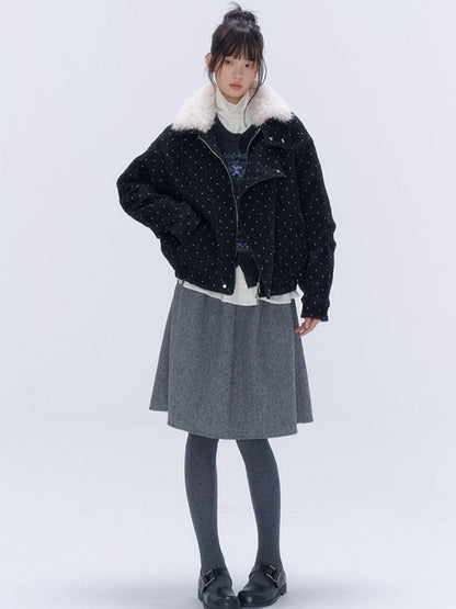 Fur Collar Polka Dot Quilted Jacket