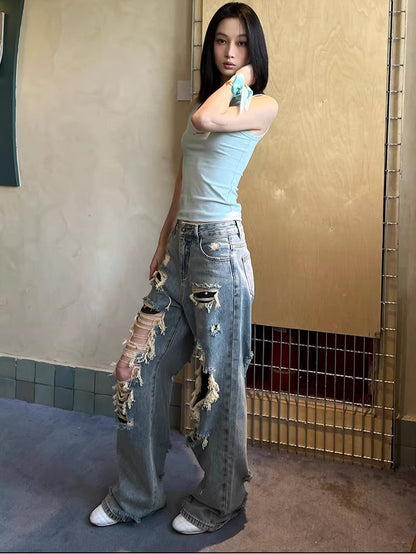 Straight-Leg Distressed Denim Jeans