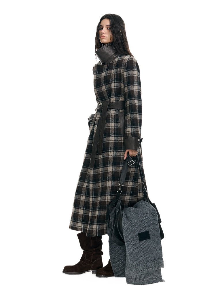 Plaid Patchwork Leather-Trim Quilted Trench Coat