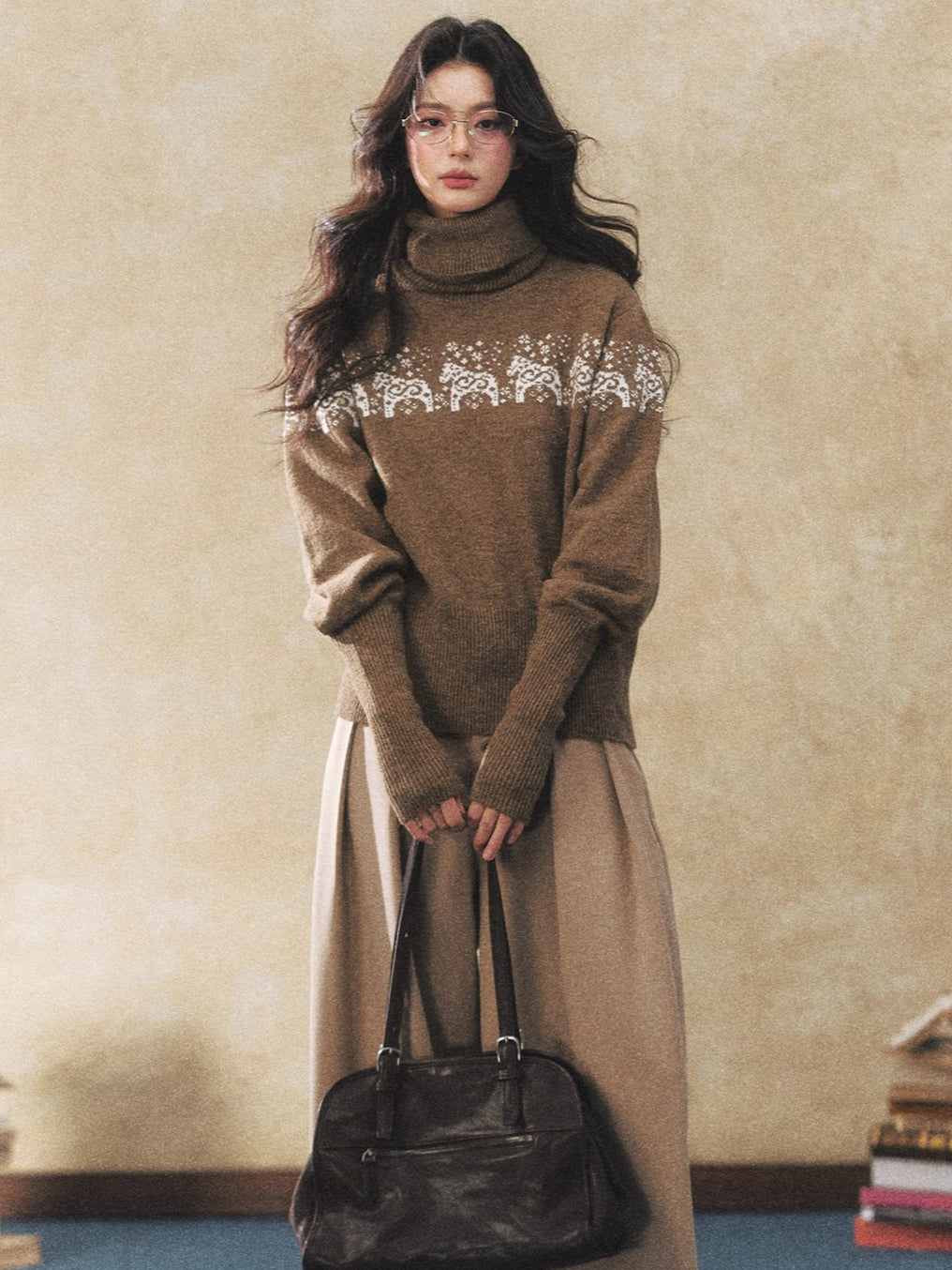 Dual-Tone Knit Turtleneck Sweater