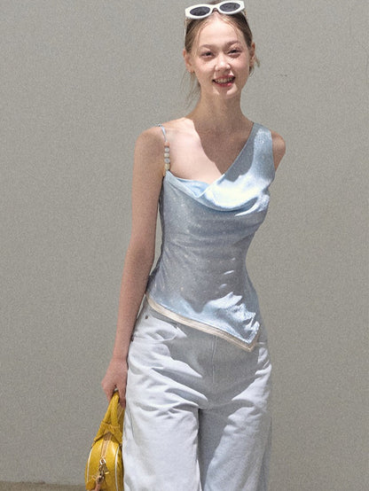 Asymmetrical Polka Dot Waist-Cinched Camisole