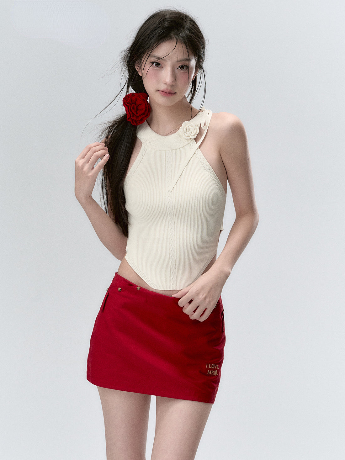 Red &amp; Beige Rose Decor Crewneck Knitted Vest - CHINASQUAD