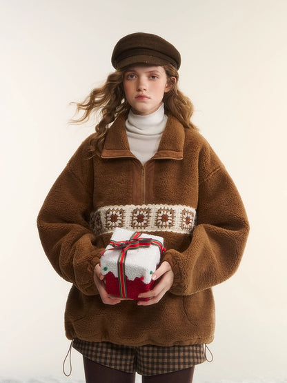Patchwork Teddy Fleece Zip-Up Sweater