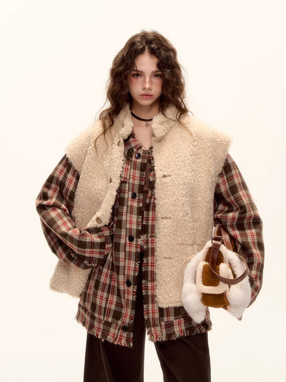 Wool Blend Checkered Contrast Fringe Shirt