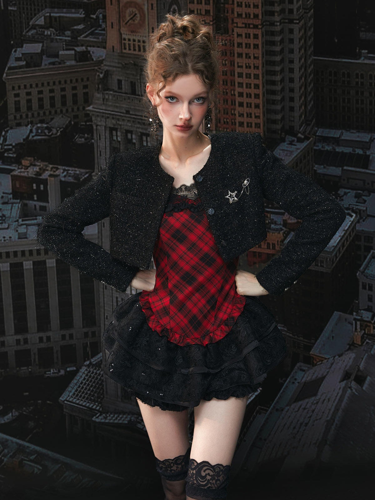 Plaid Puff Dress with Lace Overlay Set