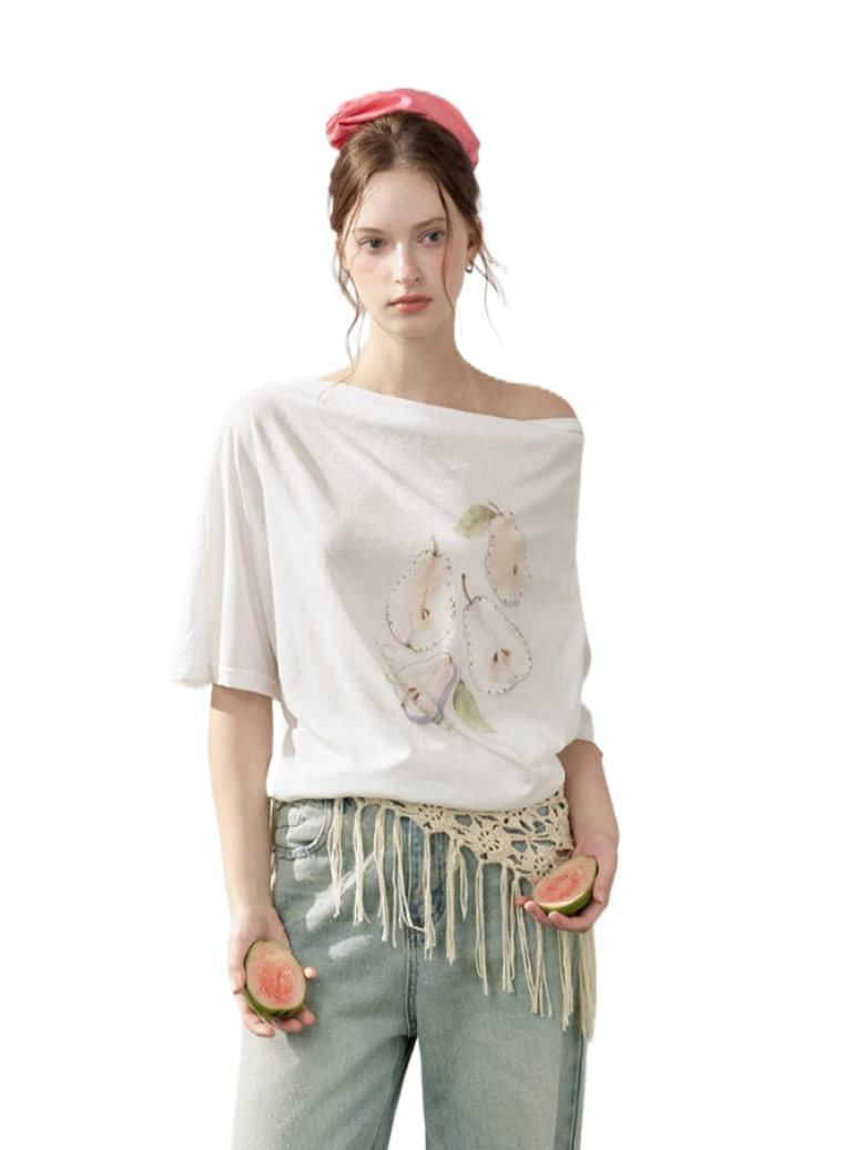Pear Embellished Draped Off-Shoulder Relaxed T-Shirt