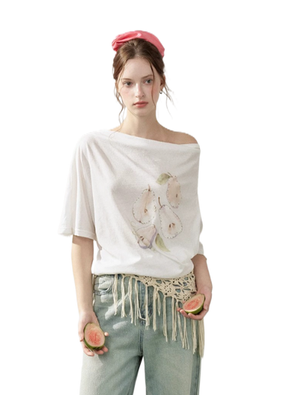 Pear Embellished Draped Off-Shoulder Relaxed T-Shirt