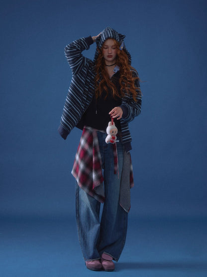 Striped Plush Cat-Ear Zip-up Hoodie