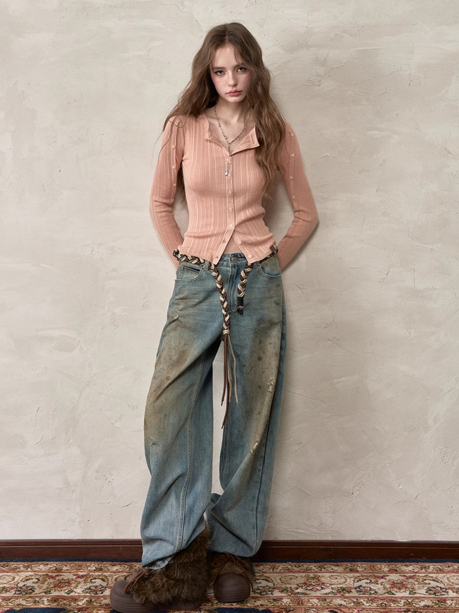 Button-Down Waist-Cinched Lyocell Knit Cardigan