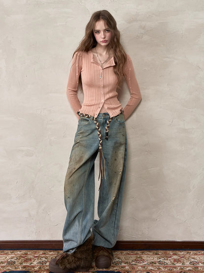 Button-Down Waist-Cinched Lyocell Knit Cardigan