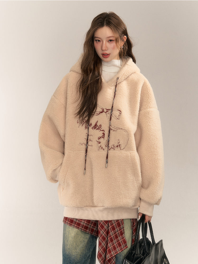 Color Block Bow Embroidery Lamb Wool Hoodie