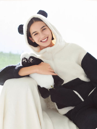 Panda Pattern Coral Fleece Couple Winter Pajama Set