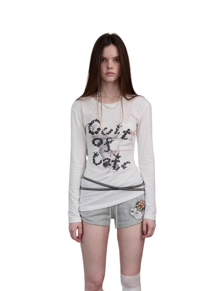 Printed Open-Back Hollow Long-Sleeve T-shirt