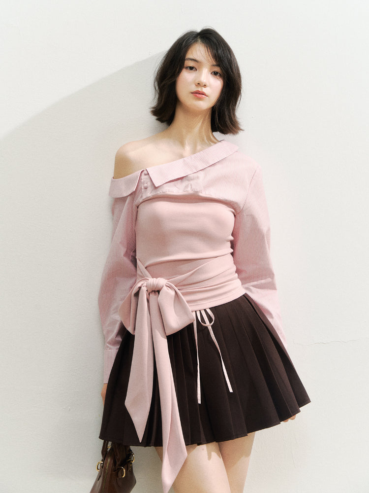 Asymmetric Shoulder Fake Two-Piece Striped Patchwork Blouse