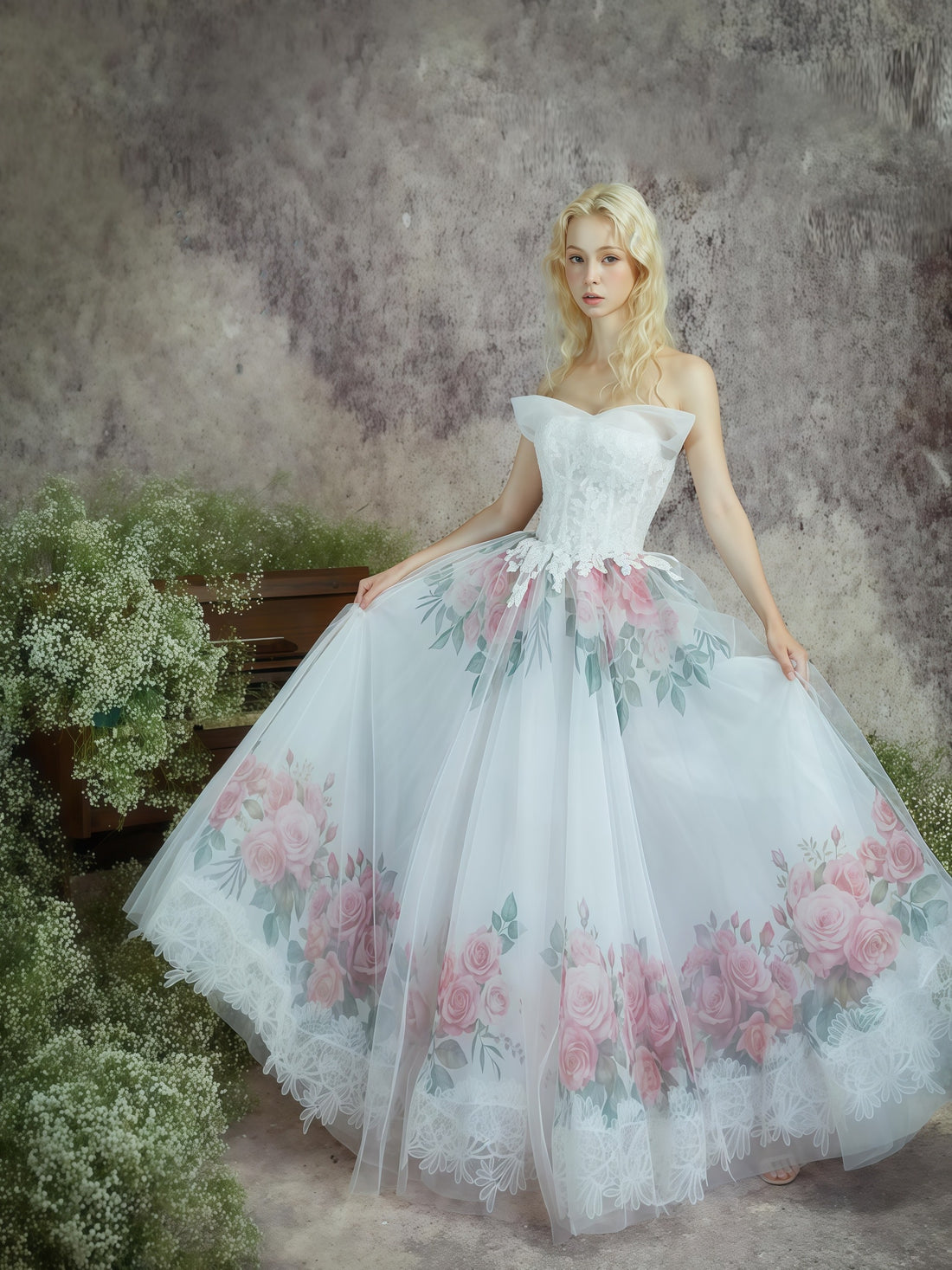 Rosette Whisper Off-Shoulder Printed Ball Gown