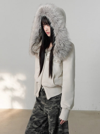 Vintage Rivet Embellished Fleece Hoodie Jacket