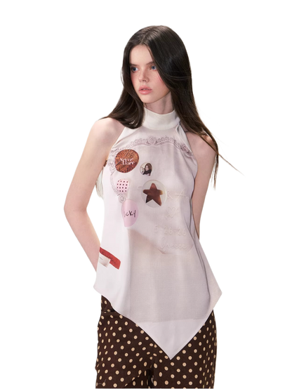 Vintage Printed Asymmetric Hem Halter Top