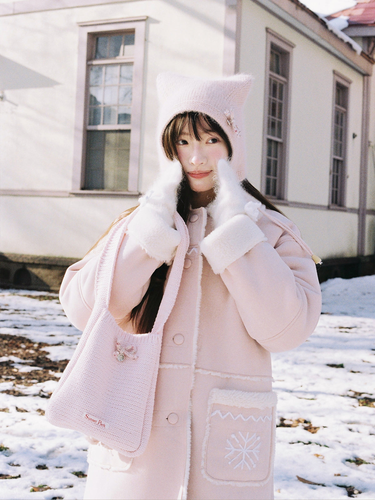 Pink Snowflake Embroidered Faux Shearling Coat