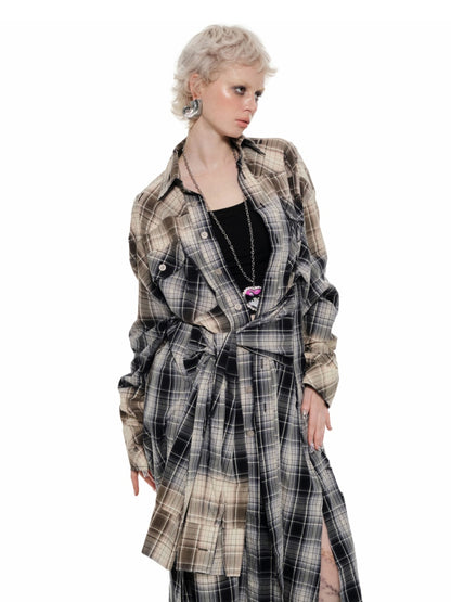 Black &amp; White Checkered Washed-out Long Shirt