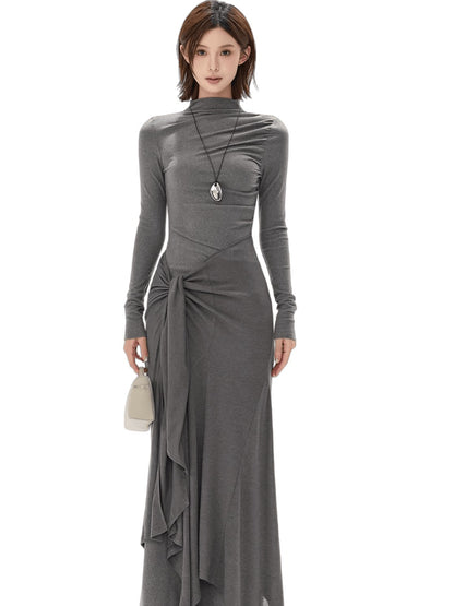 Half-High Neck Tie-Detail Knit Maxi Dress