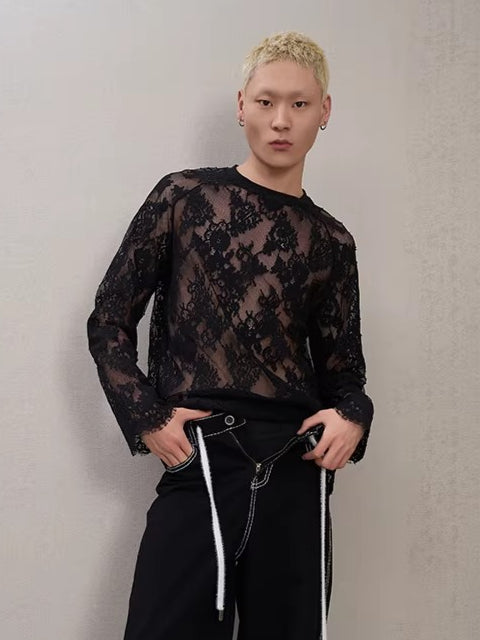 Layered Ribbed Lace-Trim Crewneck T-Shirt