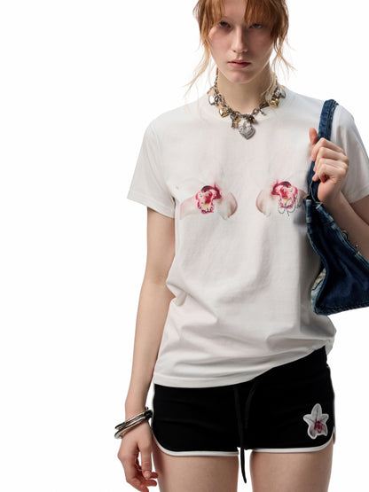 Flower Embroidered Rhinestone Sports Shorts