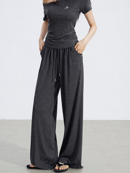 Off-Shoulder Draped Top Wide-Leg Pants Two-Piece Set