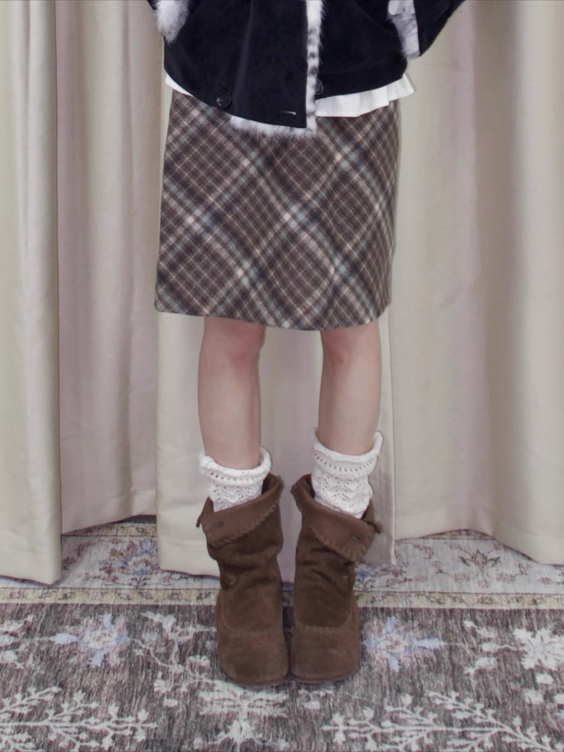 Vintage Plaid Wool-Blend Slim Midi Skirt