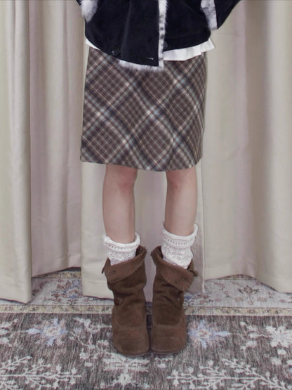 Vintage Plaid Wool-Blend Slim Midi Skirt