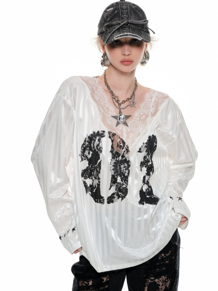 Black &amp; White Lace-trimmed V-neck Satin Jersey