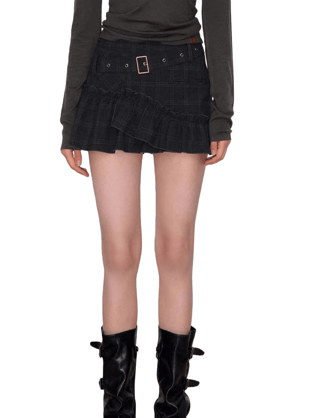 Wide-Belt Checkered Straight Mini Skirt