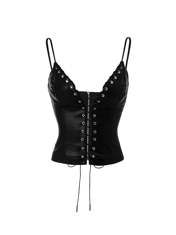 Black &amp; White Hollow-out Lace-up Camisole