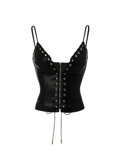 Black &amp; White Hollow-out Lace-up Camisole