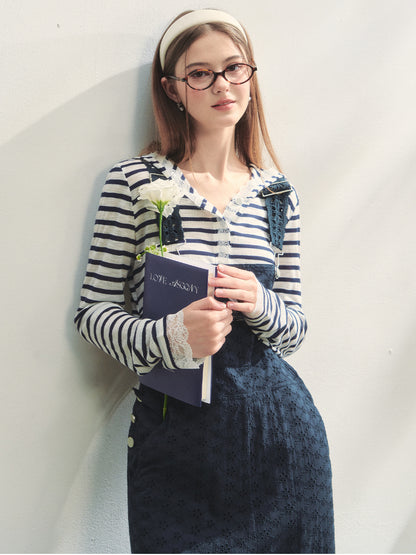 Striped Color-block Lace Spliced T-Shirt - CHINASQUAD