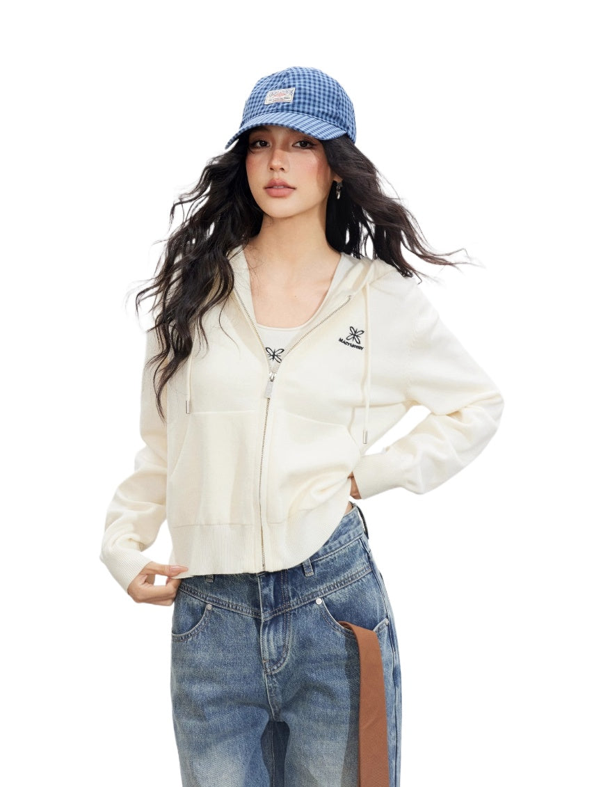 Embroidered Knit Zip-up Hoodie