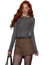 Cross-Stitch Print Ruffled Trim Fitted T-Shirt - CHINASQUAD