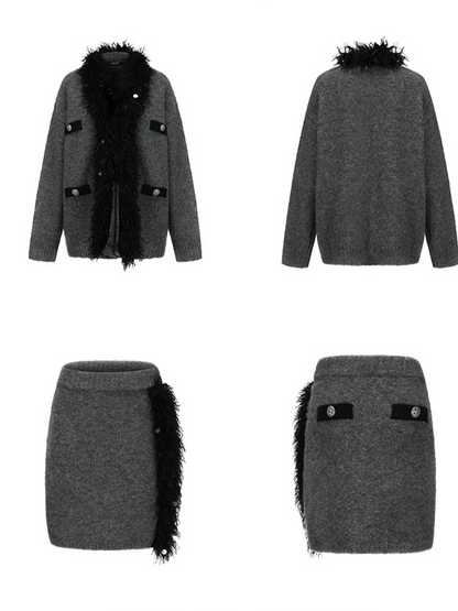 Gray Tassel Cardigan &amp; Skirt Set