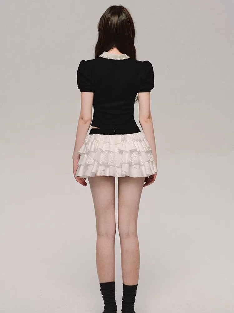 Embroidered Tiered Puff Mini Skirt