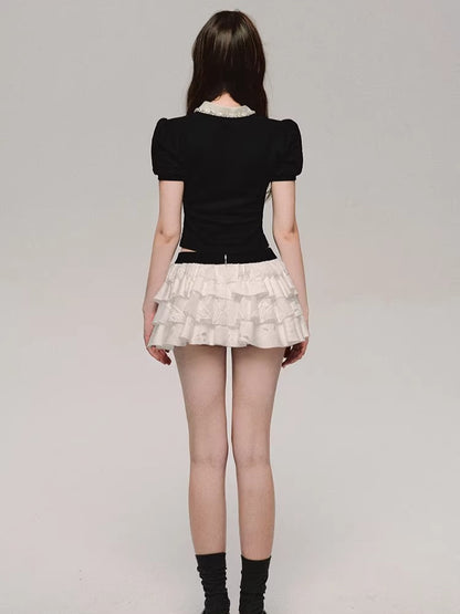 Embroidered Tiered Puff Mini Skirt