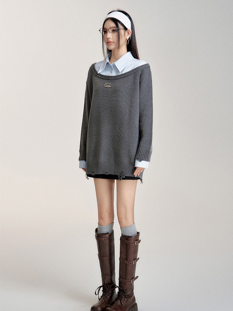 Shirt-Panel Asymmetric Knit Sweater