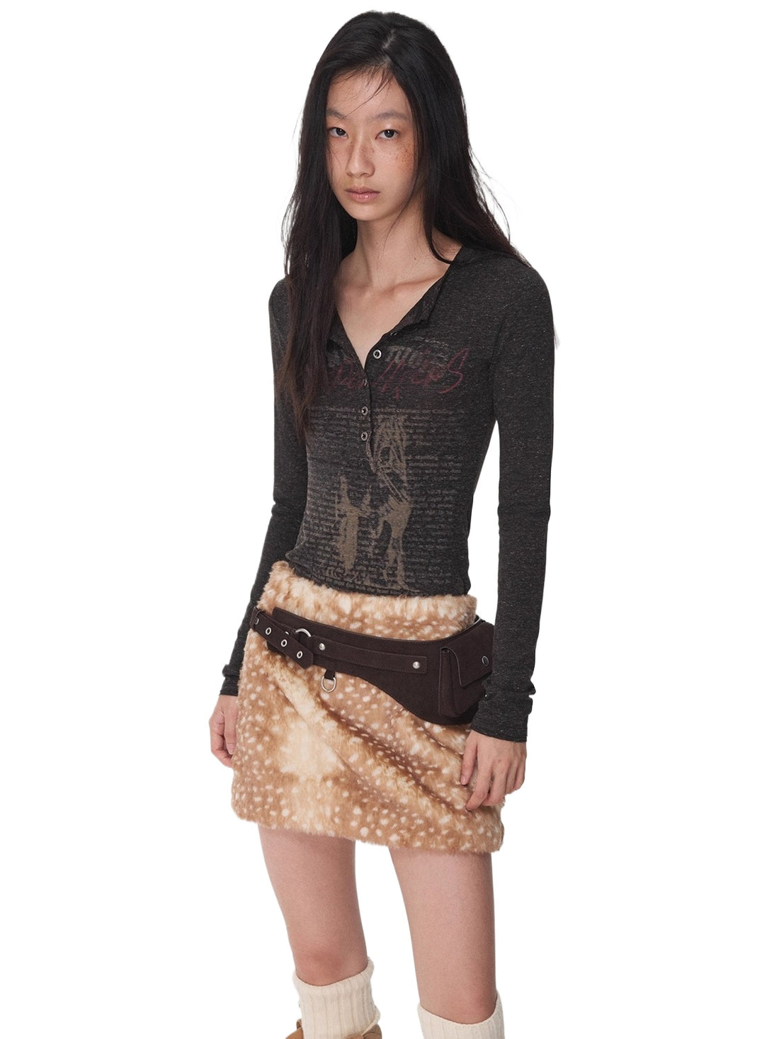 Henley Animal-Print Knitted Long Sleeves T-Shirt
