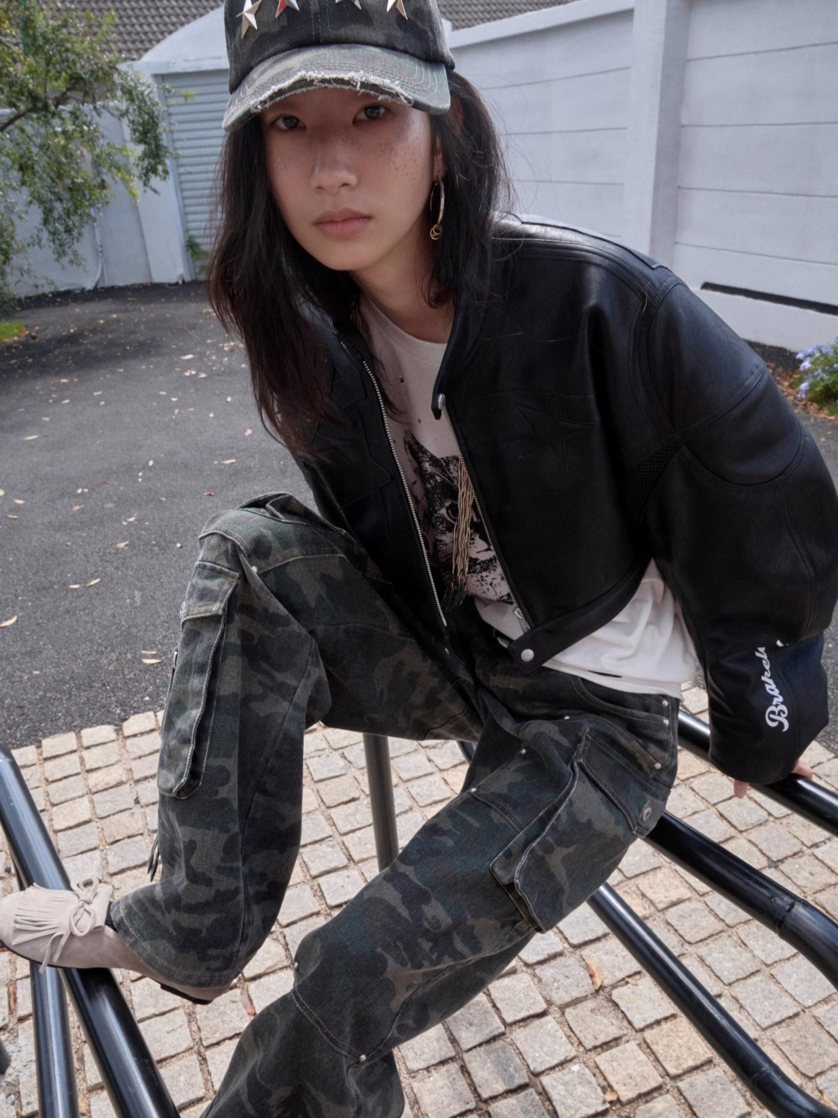 Washed Camouflage Multi-Pocket Cargo Wide-Leg Pants
