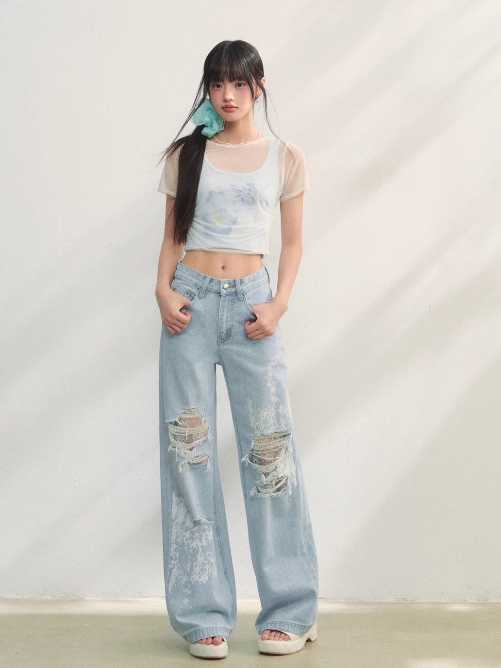 Lace-Trimmed Printed Rhinestone-Embellished Jeans