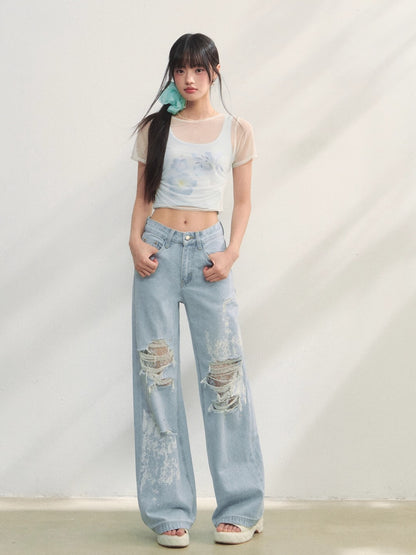 Lace-Trimmed Printed Rhinestone-Embellished Jeans