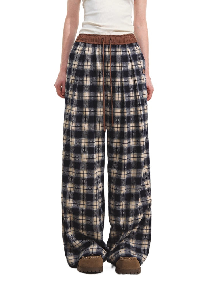 Lazy Plaid Wide-Leg Casual Pants