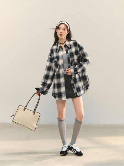 Pearl-Trimmed Polo-Neck Checkered Shirt - CHINASQUAD