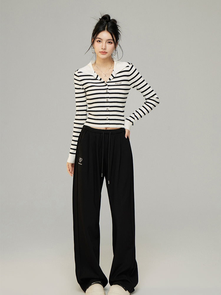 Black &amp; Off-white Knit Wide-Leg Pants